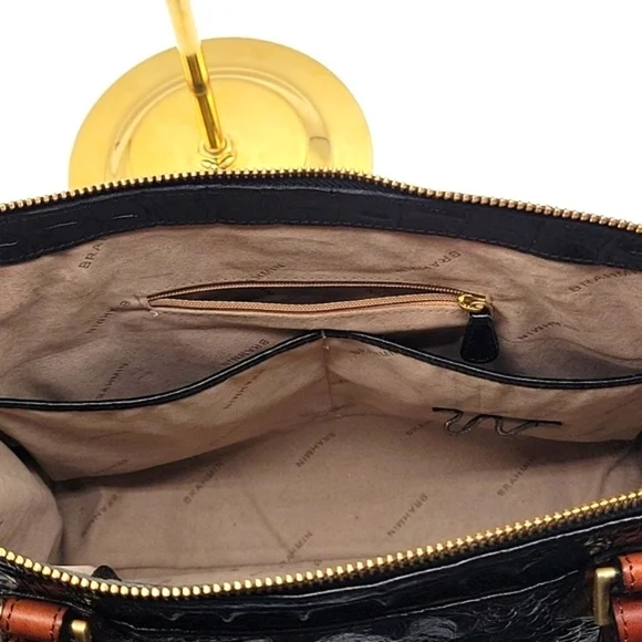 BRAHMIN Black Croc Embossed Crox Leather Shopper's Tote Cognac Leather Strap - Picture 12 of 15